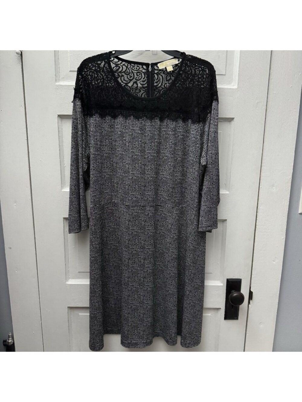 Michael Kors Womens 3X Houndstooth Dress Black White Lace Yoke Plus Size